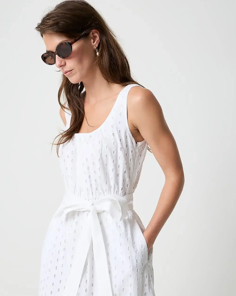 J.Crew Petite Old Money Minimalist White Eyelet Belted Midi Dress P0